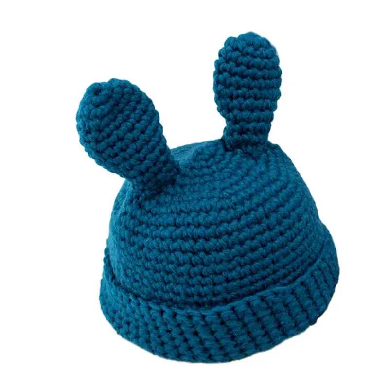 Women Girls Chunky Crochet Knit Beanie Cap Solid Color 3D Rabbit Ears Bonnet Hat - Цвет: Синий