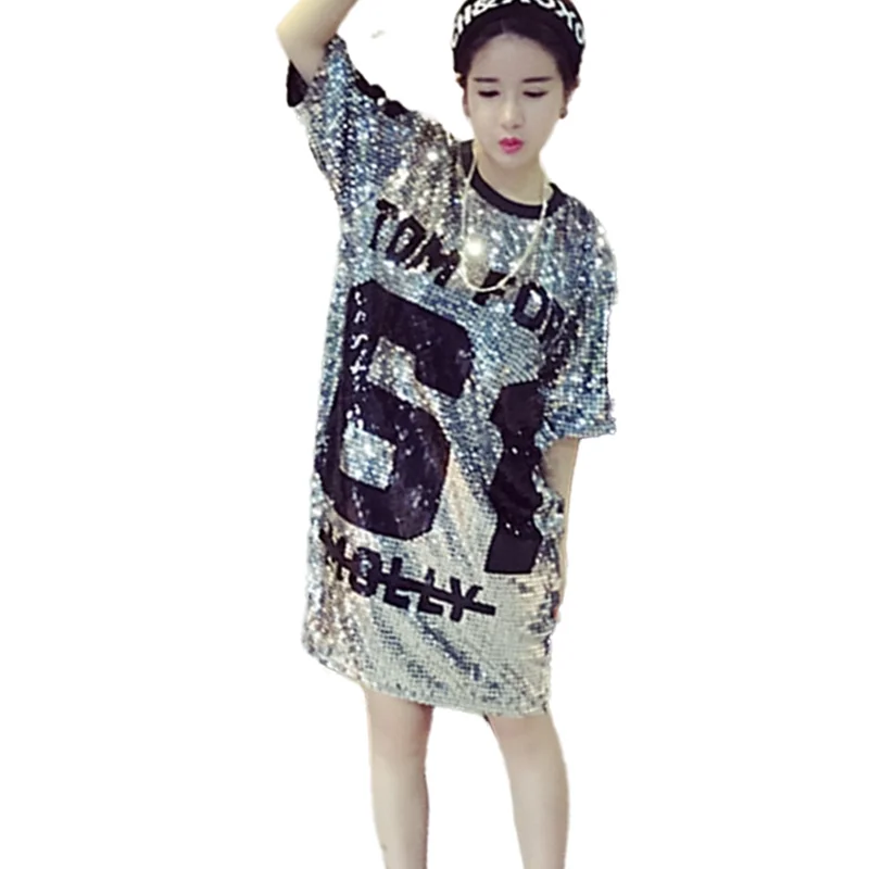 

Women Summer Half Sleeve Tops Tees Europe And American Style English Letter Sequins Long Paragraph Loose Large Size T Shirt