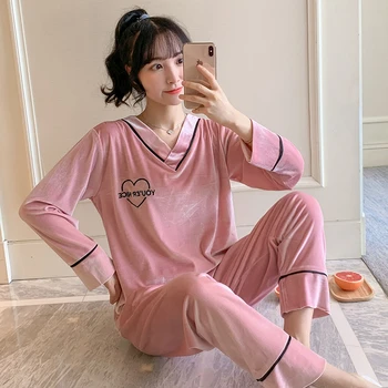 

Autumn and winter ladies gold velvet V-neck embroidery love sexy long sleeves thick warm two-piece home serviceJJF0100