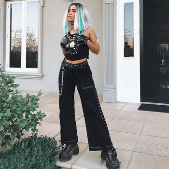 

SUCHCUTE streetwear women gothic pants Baggy trousers wide leg high waisted pant lace up pocket buttom plus size Female gothique