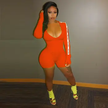 

Ladies Women Romper Fluorescence Clubwear Autumn Long Sleeve Slim Playsuit Sexy Bodycon Party Letters Print Solid Jumpsuit