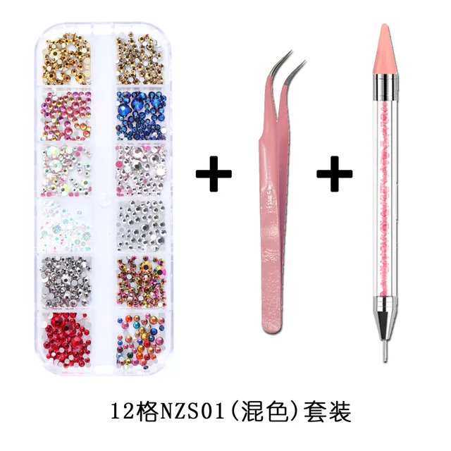 1Box Multi Size Glass Nail Rhinestones Mixed Colors Flat-back AB Crystal With tools 3D Charm Gems  Manicure Nail Art Decorations 012