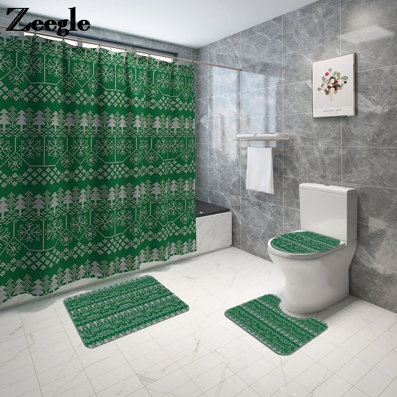 Printing Shower Curtain Toilet Mat Christmas Pattern Carpet  Bathroom Decoration Home Textile Waterproof Foot Mat