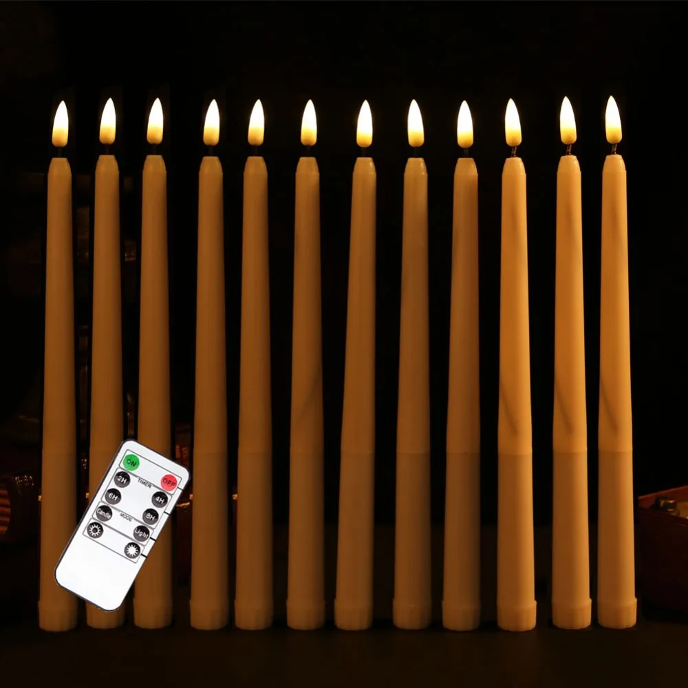 Pack of 12 Yellow Flickering Remote LED Candles,Plastic Flameless Remote Taper Candles,bougie led For Dinner Party Decoration