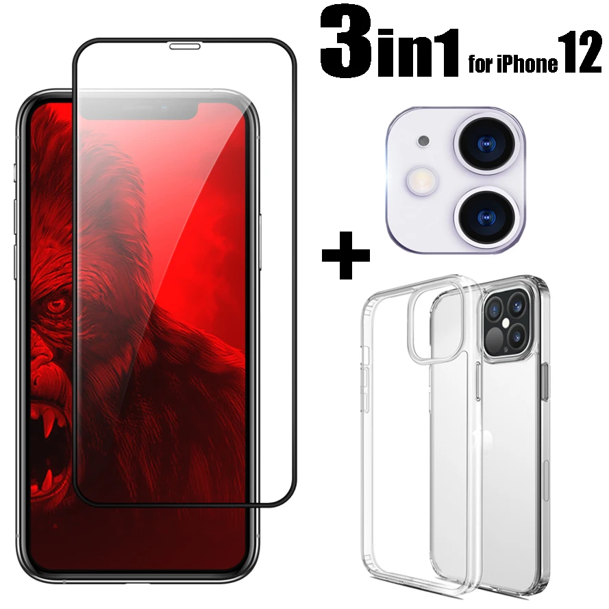 3pcs for iPhone 12 Mini 12Pro Max Tempered Glass Screen Protector & Camera Lens &Clear TPU Case for 