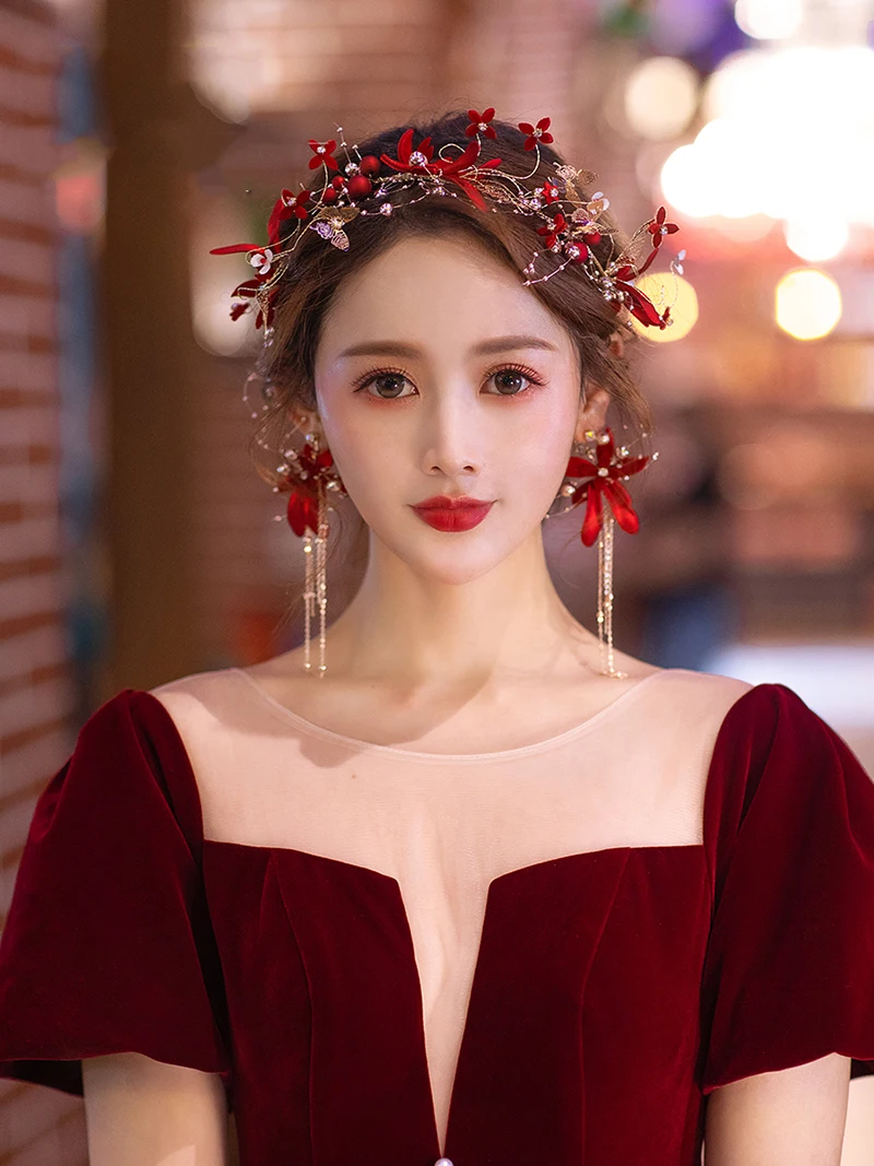 NiuShuya Handmade Bridal Red Flower Pearl Headband Romaantic Hairband Women Crown Tiara Wedding Hair Accessories