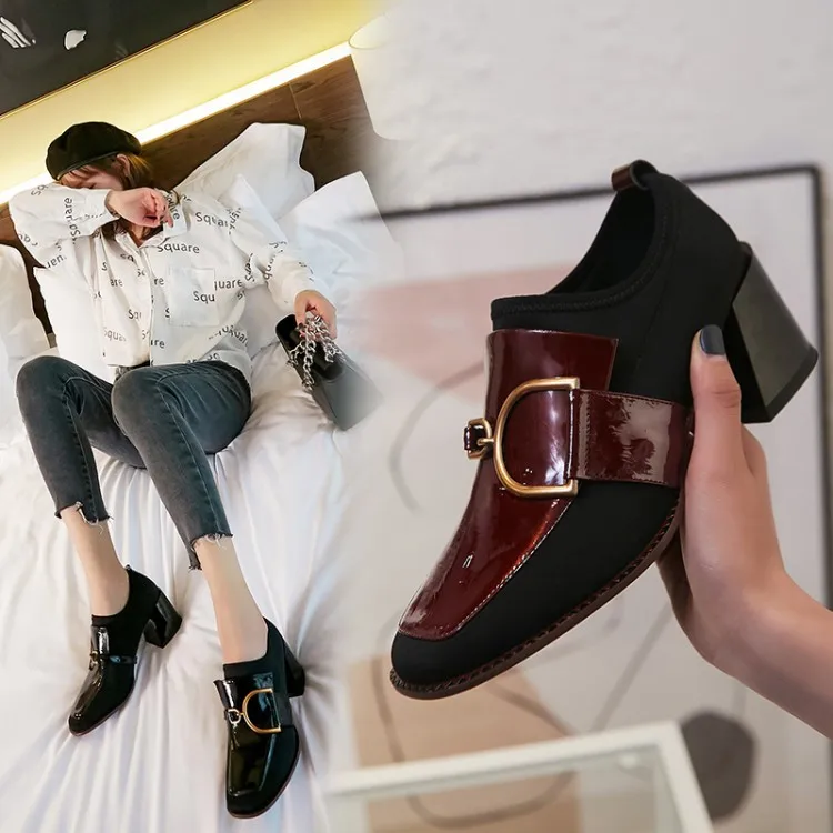 

2020 Spring And Autumn Comfortable Metallic Decoration Women's Square Head Chunky Semi-high Heeled Tendon Outsole Deep Mouth Fas