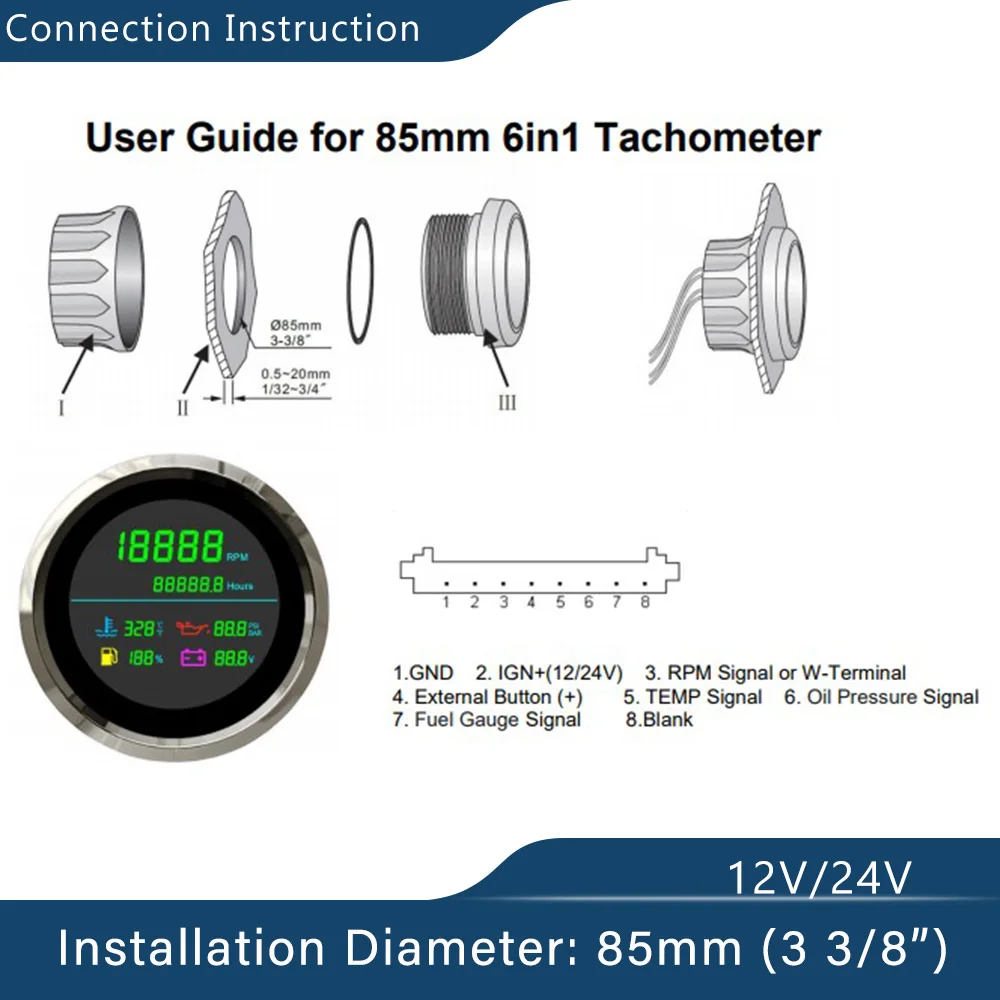 85mm Car Truck Motorbike Gauge LCD Digital Rev Counter 0-19999RPM Hours Fuel Level Volt Water Temp Oil Pressure Tachomete 12/24V