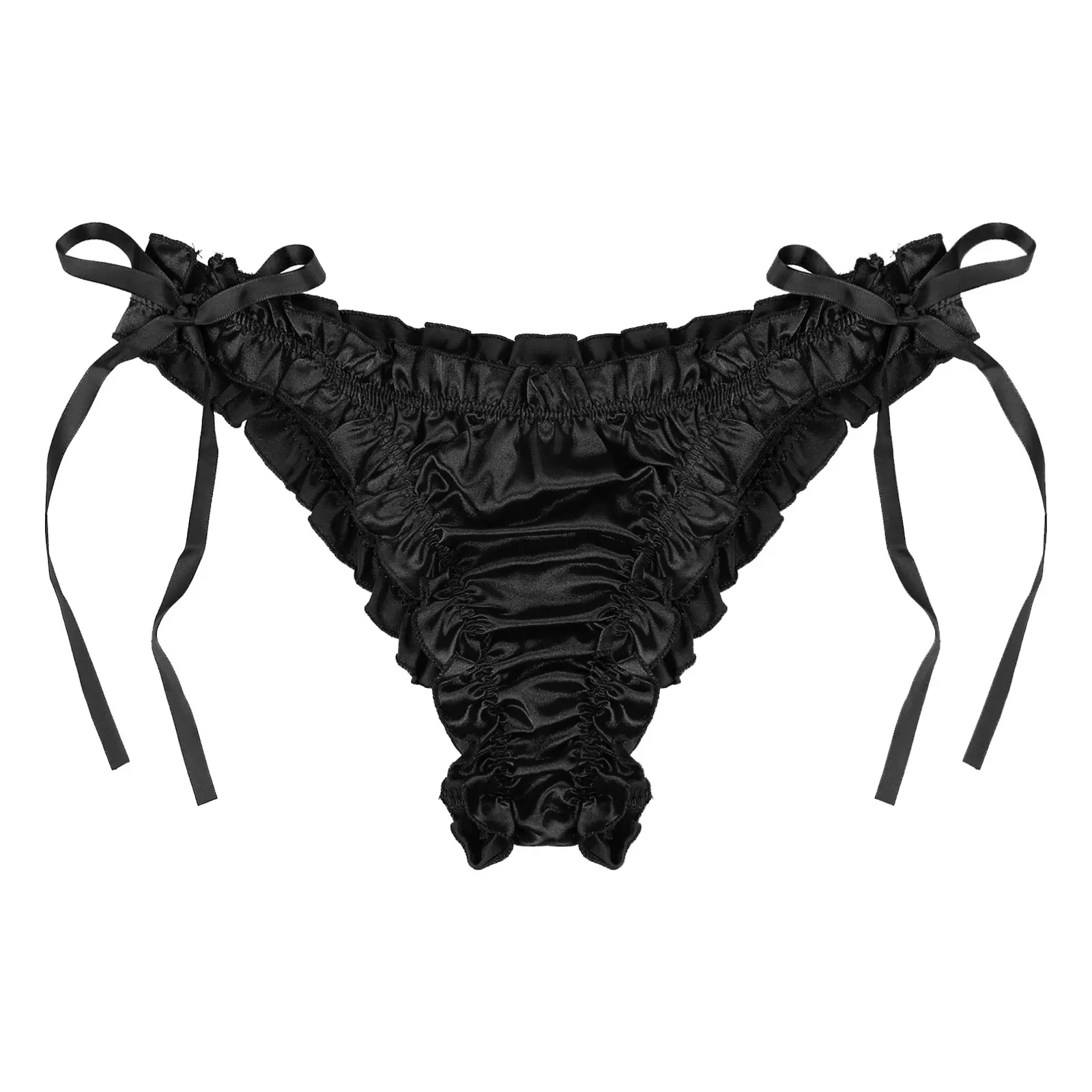 Men's Low Waist Panties Ruffles Satin Briefs Breathable Lace-up Pleated Trim Underpants Sissy Male Gay Underwear Sexy Shorts