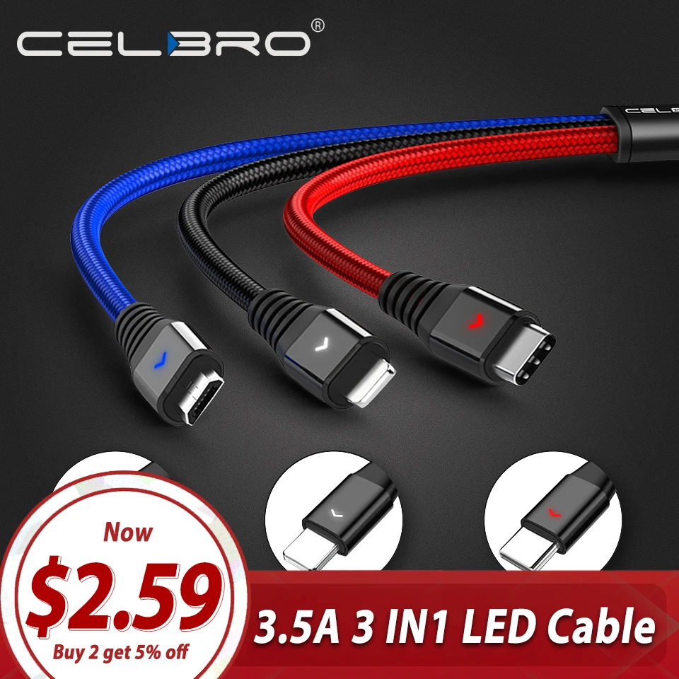 3.5A 3 в 1 светодиодный USB кабель type C Microusb кабель для зарядки телефона Micro USB C кабель мульти type-C телефонный кабель для huawei P30 Pro Lite