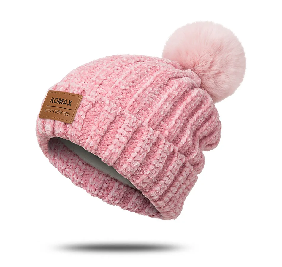 Модная зимняя женская шапка, мягкая Толстая зимняя теплая шапка, одноцветная вязаная шапка с помпоном, аксессуары для одежды, czapka zimowa