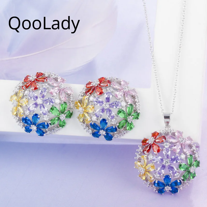 

QooLady Модные Разноцветные Зеленые Синие полые кубические циркониевые ожерелья и серьги цветочные круглые фотообои для вечерние Z007