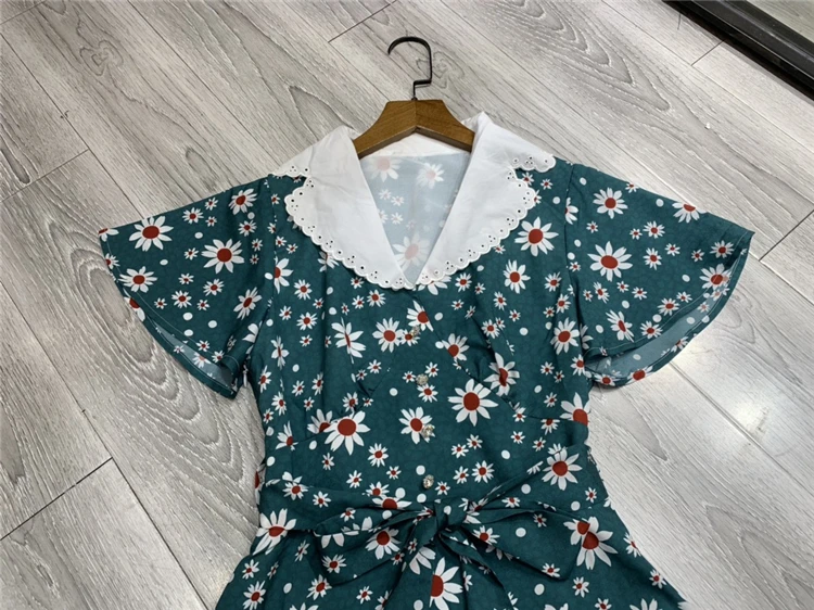Truevoker, Европейский подиум, для отдыха, Vestidos, для женщин, высокая улица, зеленый, маленький цветок, с принтом, бутик, Платья для вечеринок