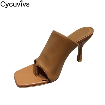 

New Square Toe Flip Flop Designer High Heel Slippers Women Leather Sandals Runway Beach Party Shoes Woman Summer Mules Slippers