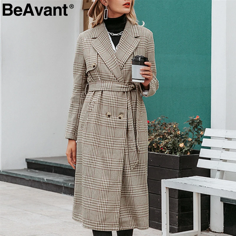 BeAvant элегантное клетчатое пальто женское с длинным рукавом осень зима теплое Женское пальто с поясом на пуговицах с поясом женское длинное твидовое пальто