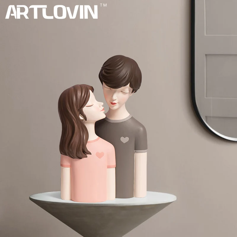 

Sweet Lovers Valentine's Day Gift Portrait Boy and Girl Couple Figurines Modern Young People Statue Abstract Sculptures Pink New