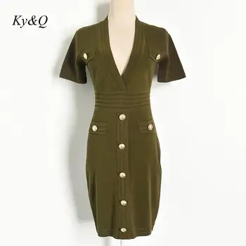 

2020 Spring Summer New Sexy Deep V Zipper High Waist Short Sleeve Knitted Dress Straight Women Fashion Elegant Party Clothes