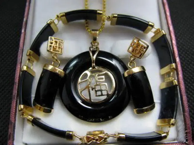 FREE SHIPPING&gt&gt@&gt Fine Black jade pendant necklace bracelet earrings set&gt^^1&gt18K gold plated watch Quartz stone CZ crystal N |