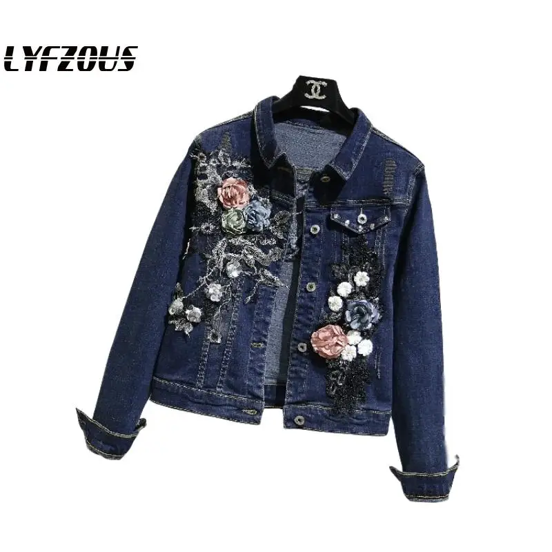 

Women New Flowers Applique Sequins Denim Jackets Autumn Loose Basic Coats Bf Streetwear Jean Jacket Jaqueta Feminina
