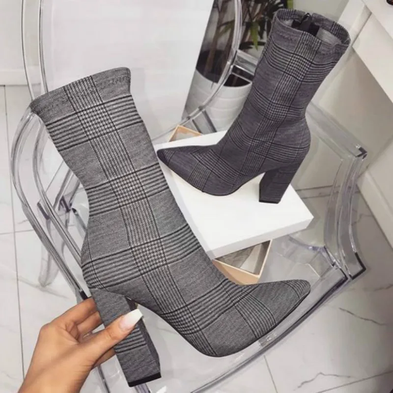 

Plus Size Womens Boot Size 42 Grey Plaid Designer Ankle Boots Block High Heels Sexy Pointed Toe Booties Spring Shoes Woman P477