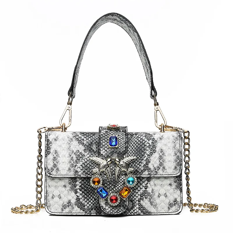 

Crystal Stone Snake Serpentine Handbags Women Bags Designer Brand Chains Shoulder Bags Messenger Bag Small Wide Shoulder Strap