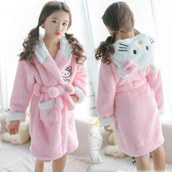 

Mother Daughter Kitty Cat female Girls Robe Pink Bathrobe Kids Parent-child Thick Winter Pajamas with Hooded Flannel Long Robe