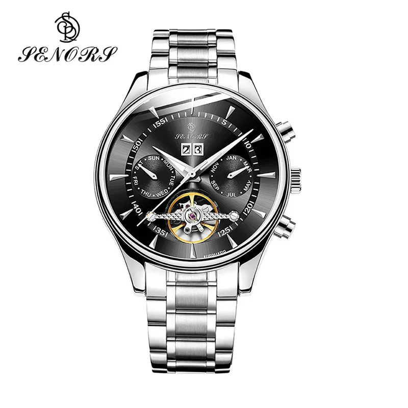 Senors Rose White Men Full-automatic Mechanical Watch Tourbillon Luxury Fashion Brand Stainless Steel Man Multifunctional Watch