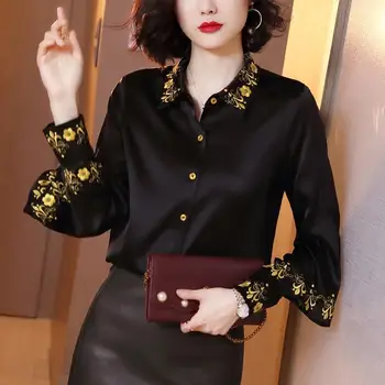 

2020 Silk Blouse Black Gold Embroidered Ruffle Retro Blouse Long Sleeve Lapel Stylish Elegant Womens Tops X179