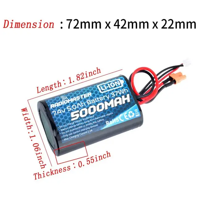 RadioMaster 2S 7.4V 5000mah 37wh Li-Ion Battery TX16S TRemote Control Transmitter JST-XH and XT30 Plug Large Endurance 3
