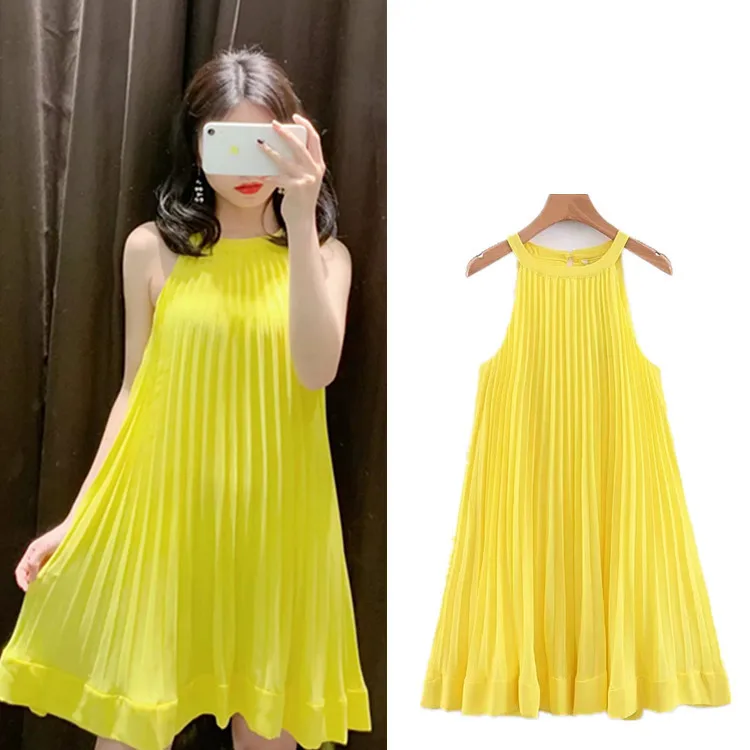 Лето, стиль, AliExpress, без рукавов, плиссированная юбка, западный стиль, с лямкой на шее, комбинированное платье для женщин