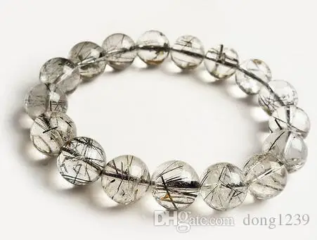 

Free Shipping Natural black Quartz crystal rutilated beads bracelet 13mm