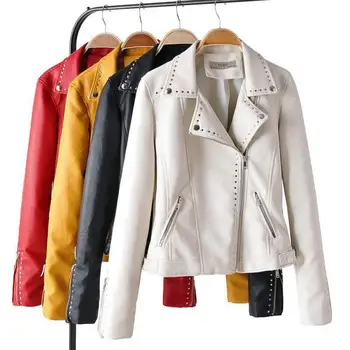 

Women Vintage Rivet Faux Leather Jacket 2019 New Spring Autumn Slim Turn Down Collar White Pu Coats Ladies Leahter Outerwear