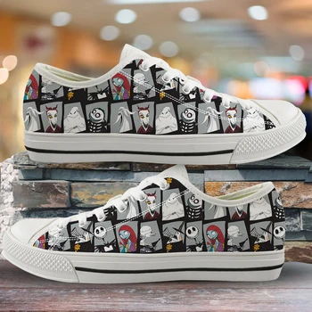 

ELVISWORDS The Nightmare Before Christmas Pattern Canvas Vulcanized Shoes for Women Classic Low Top Ladies Casual Sneskers 2020