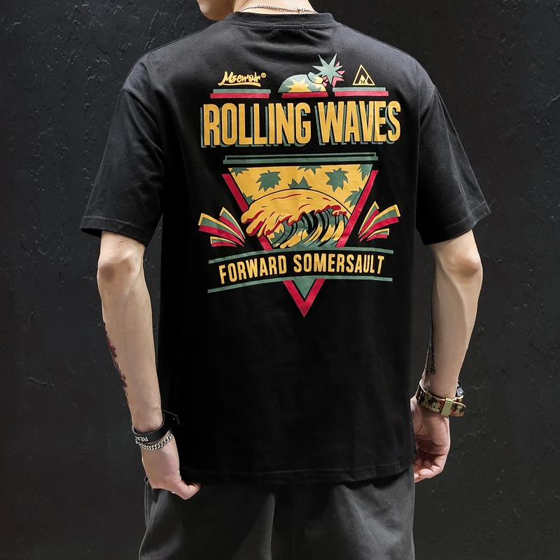 

men Harajuku Black T Shirt Japanese Style Waves Printed Tshirt Korean Style Streetwear Tops hip hop