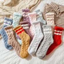 Женские полосатые плюшевые плотные теплые носки-тапочки Коралловые флисовые Носки для сна женские носки для девочек повседневные пушистые домашние носки-тапочки 12,10