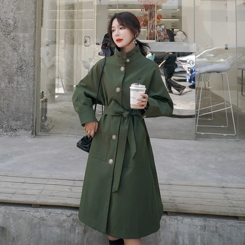 

LANMREM 2020 New Spring Women Solid Color Lace-up Trench Coat Office Lady Simple Single Breasted Loose Windbreaker Tide PD487