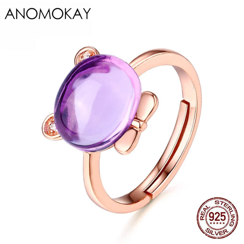 

Anomokay Elegant Oval Big Purple Crystal Rose Gold Resizable Rings for Women Lover Girl 925 Sterling Silver Flower Rings Jewelry