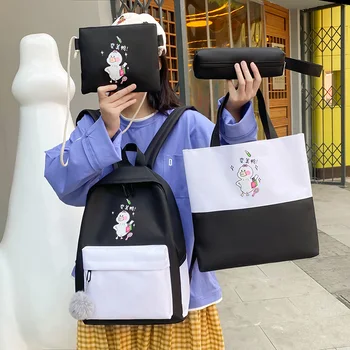 

4piece Women Kawaii Backpack Kids Cute School Backpack Canvas Travel Bagpack Big Book Bags School Bags for Teenage Girls Mochila