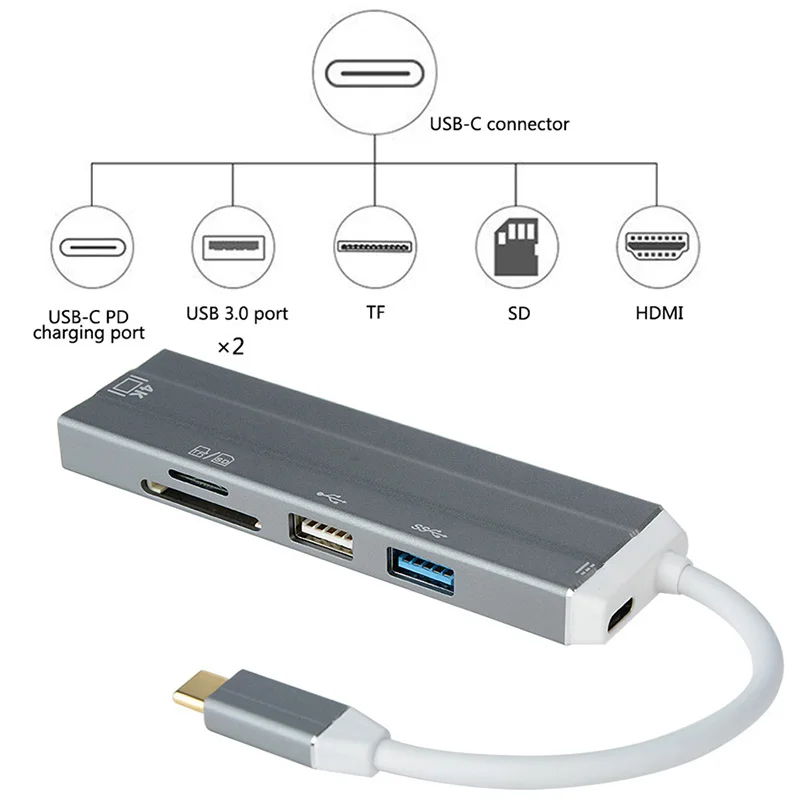 6 в 1 Usb-C концентратор 4K Hd видео аудио кабель адаптер Тип C к Hdmi Usb 3,0/Usb 2,0 с Sd/Tf кард-ридер Тип C usb-хаб