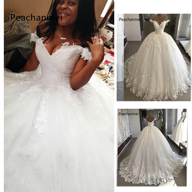 Реальные фотографии Vestido De Noiva Свадебные платья бальное платье с открытыми плечами кружева Саудовская Арабский свадебное платье невесты платье