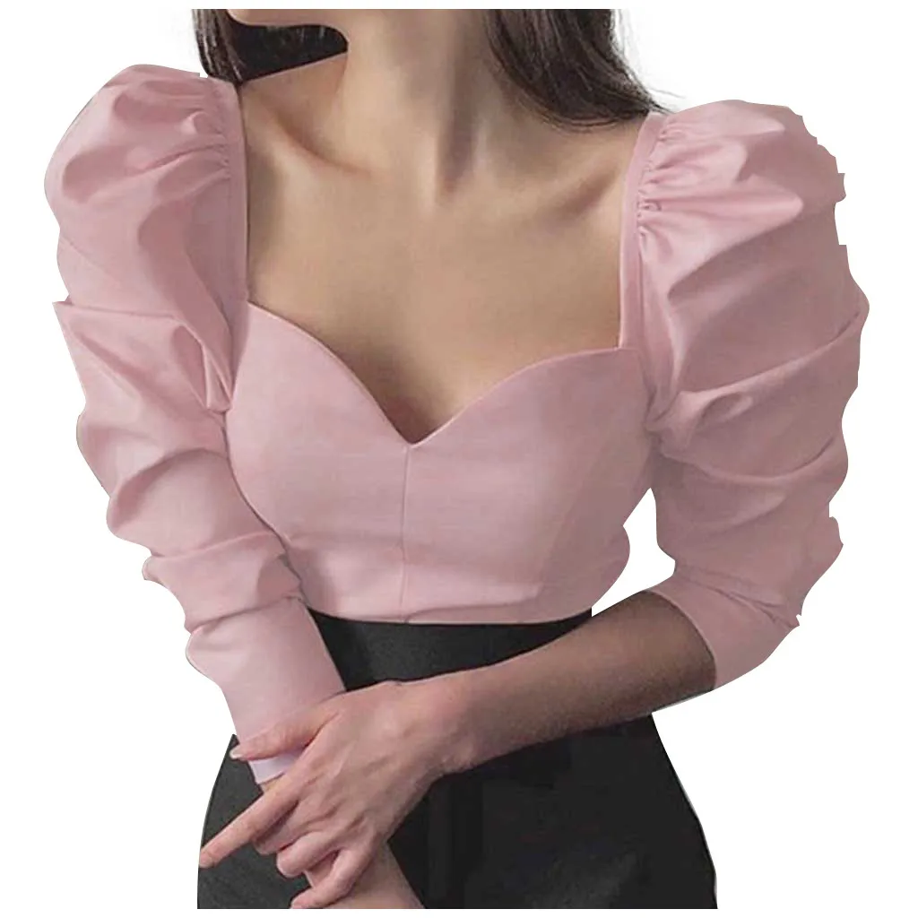 2020 New Women Vintage Puff Ruffle Casual Blouse Sexy Womens Tops Female Solid Color Spring Autumn Shirts Outfits Party Clubwear