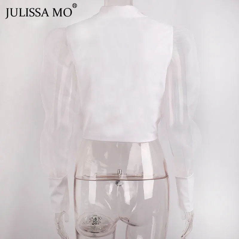 Julissa mo элегантная Офисная Женская белая блузка, рубашки с сетчатыми пышными рукавами и пуговицами, женские топы, зимние женские блузы с отложным воротником