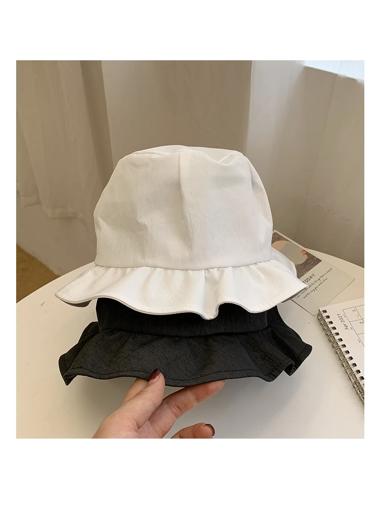 kate spade bucket hat Fisherman hat Female White Casual Lotus Leaf Fold Lace Bucket hat Simple Wide-brimmed Face Small Sun hat Summer Breathable hat cow bucket hat