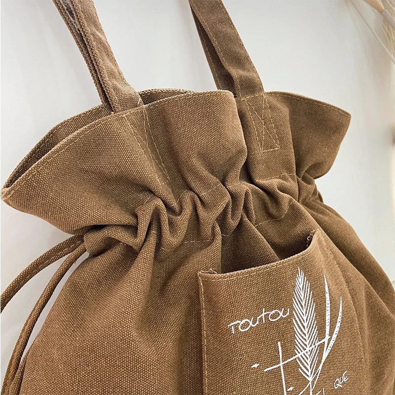 2021 Vintage Drawstring Bucket Bag Girls Solid Canvas Shoulder Bags Casual Letter Handbag For Women High Quality Tote Bag Gifts