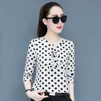 

2020 New Arrival Elegant Women Tops Casual V-Neck Long Sleeves Blouses Spring Summer Chiffon Polka Dots Shirt