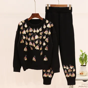 

2 Pieces Set Women Flowers Embroidery Sequined Long Sleeve Knitted Sweatershirt Top and Long Trouser Pant Suit Fashion Tracksuit