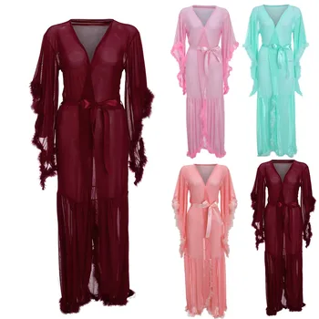 

Women Sexy Szlafrok Mesh Plush Splice Long Robe Bathrobe Lingerie Sleepwear Bride Badjas With Belt Pajamas Party Fashion Clothes