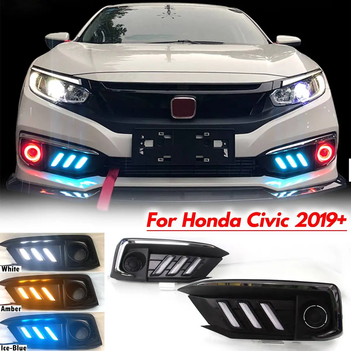 

1 Pair 3 Color LED Fog Light Daytime Running Light Chrome Frame DRL Flowing Turn Signal For Honda For Civic 2019 2020