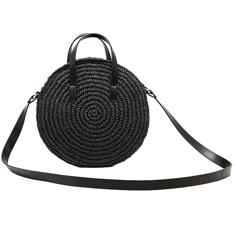 

Round Straw Beach Bag Vintage Handmade Woven Shoulder Bag Raffia Circle Rattan Bags Bohemian Summer Vacation Casual Bag(Black)
