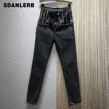 

Rhinestone Beaded Jean Jeans Woman High-Waist Heavy Studded Jeans New Winter Stretch Thick Warm Pants Pantalones De Mujer